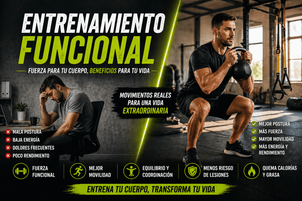 Persona realizando entrenamiento funcional con kettlebell mostrando fuerza, equilibrio y movimiento natural del cuerpo frente a una escena de vida sedentaria