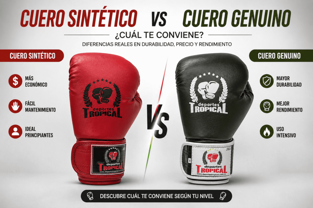 Comparación de guantes de boxeo de cuero sintético vs cuero genuino mostrando diferencias en durabilidad, precio y rendimiento con productos reales