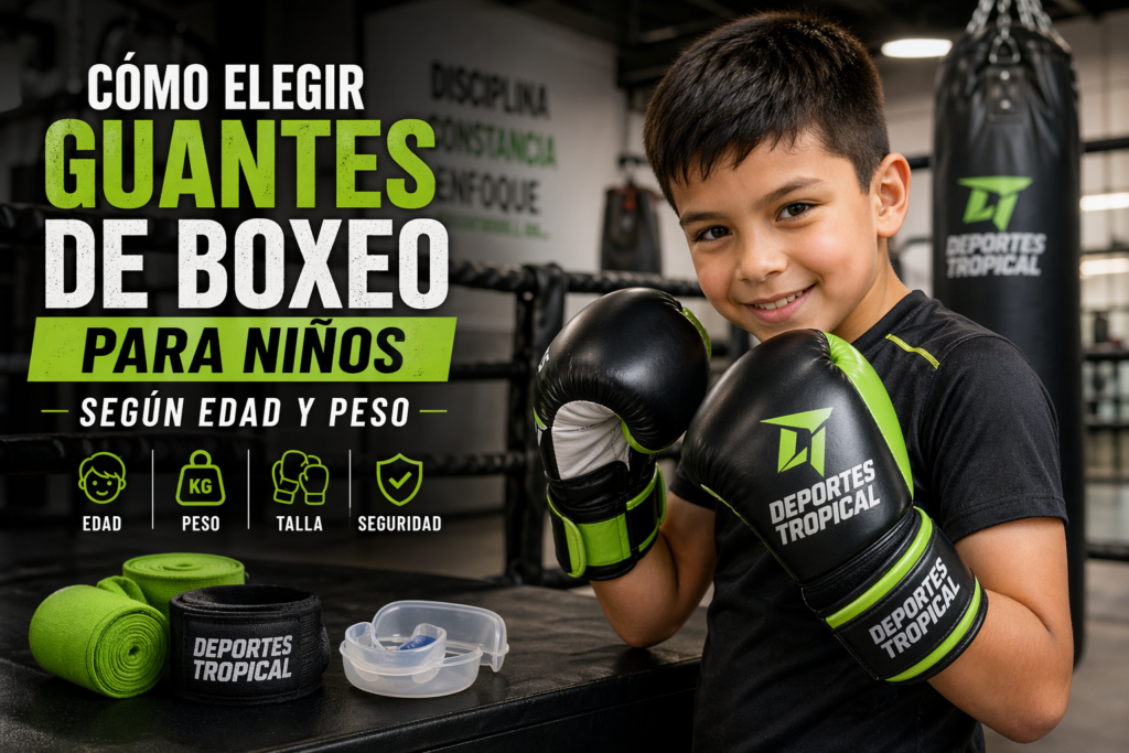 niño con guantes de boxeo entrenando en gimnasio con guantes infantiles según edad y peso